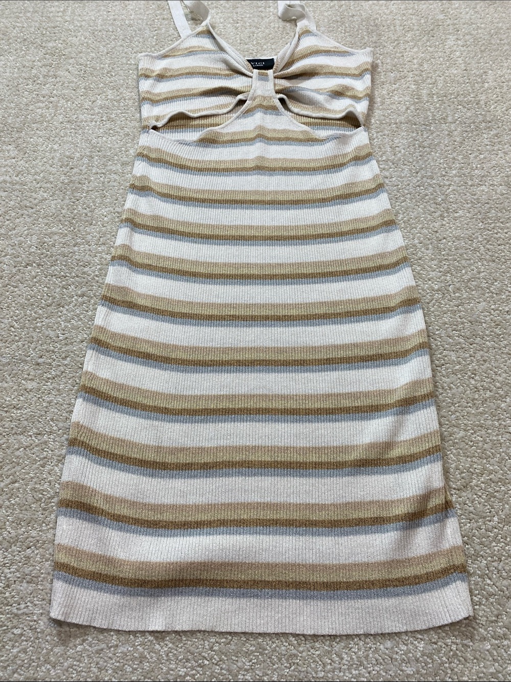 Vici Beige and White Striped Twist Cutout Midi Dress Stretch Size L 79% Viscose - Picture 15 of 16